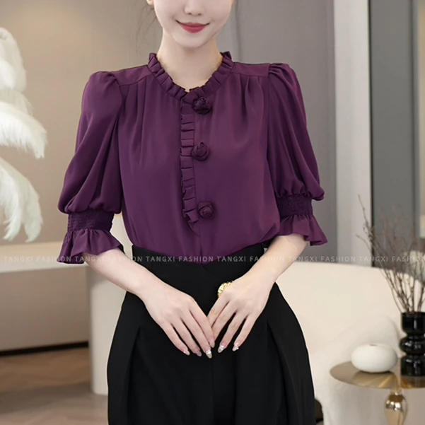 现货2025夏季新款【ZM24-X377】高级感轻奢气质木耳边设计紫色上衣