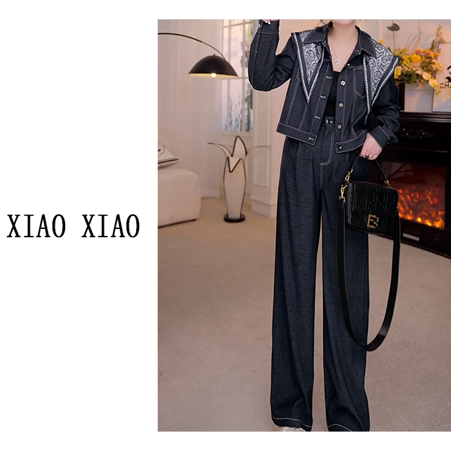 【XIAOXIAO】微胖大码女装春季新款复古风丝带休闲短外套套装XX8386