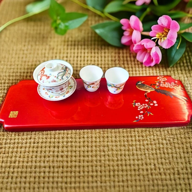 九莲堂  三宝 喜上梅梢大漆台*1+光绪盖碗*1+凤凰杯*2