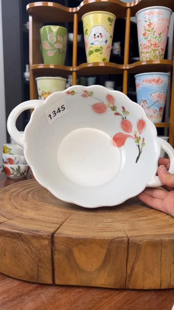 瓷片景德镇手绘釉中彩（食品级）双耳汤碗1345