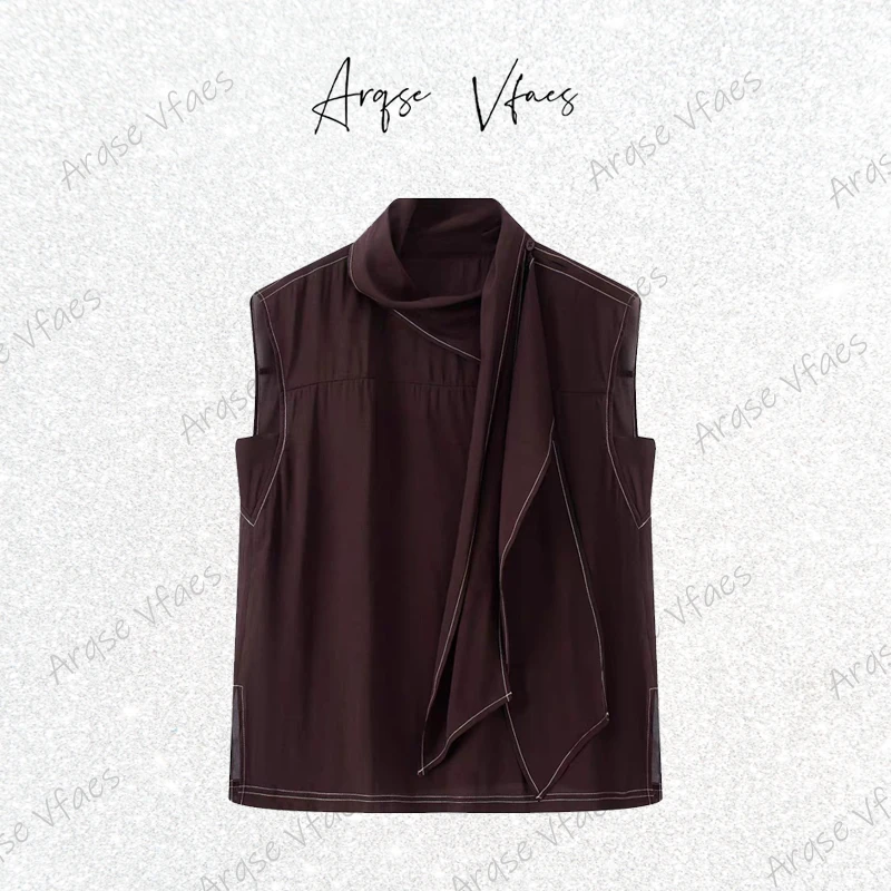 迪家同款2025夏新款气质法式飘带无袖衬衫纯色上衣女E166335