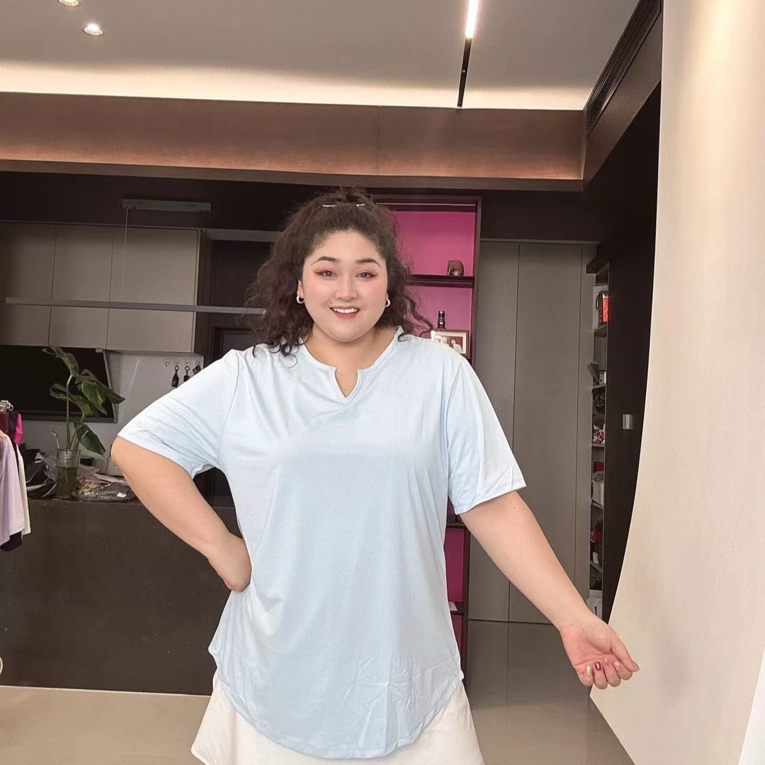 {断码特价}大码夏季小V领冰感速干显瘦加长短袖SY-123 浅绿