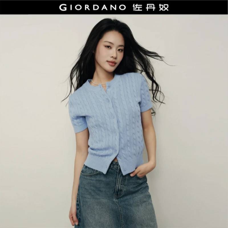 【韩国明星同款】佐丹奴女装绞花圆领短款短袖针织开衫05355317