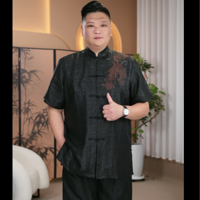 大码男士高端香云纱龟裂纹夏季短袖新款立领五分袖宽松桑蚕丝唐装