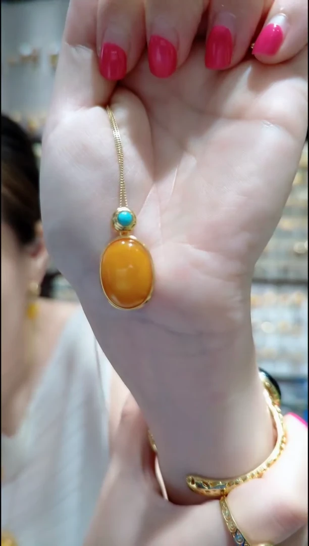 银S925镀金镶嵌吊坠(赠链)蜜蜡﹣B433蜜蜡吊坠