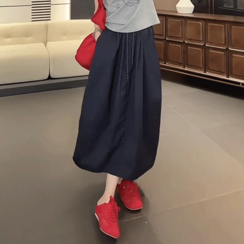 小个子休闲花苞半身裙女2025夏季新款高腰显瘦a字裙中长款南瓜裙