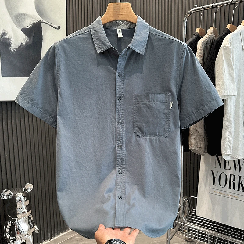 男士夏季衬衫纯棉短袖薄男装上衣日系复古宽松休闲纯棉工装衬衣潮