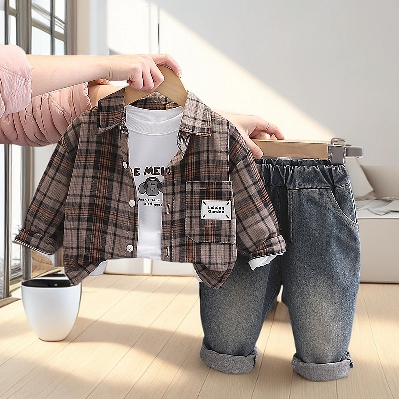 【三件套】2025春装上新中小童格子衬衣加牛仔裤加内搭高品质童装潮