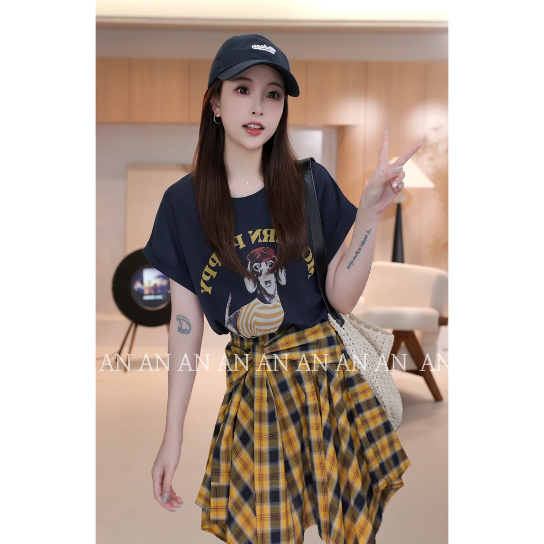 C04273夏季新款美式复古显瘦小个子条纹小狗绑带T恤