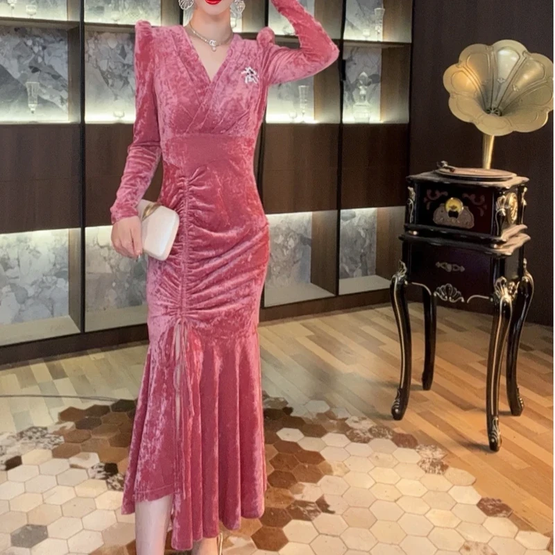 气质名媛轻奢复古包臀修身时尚高贵性感优雅女神宴会连衣裙5690#