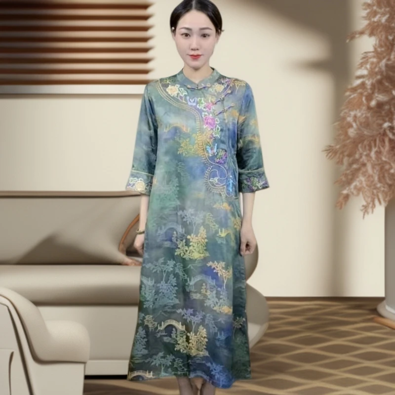 江南鑫雅阁【流彩桥影】刺绣新中式立领连衣裙复古时尚提花中长款