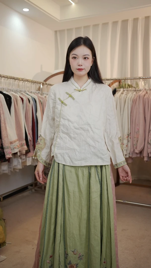 8575豆绿色上衣亚麻均码