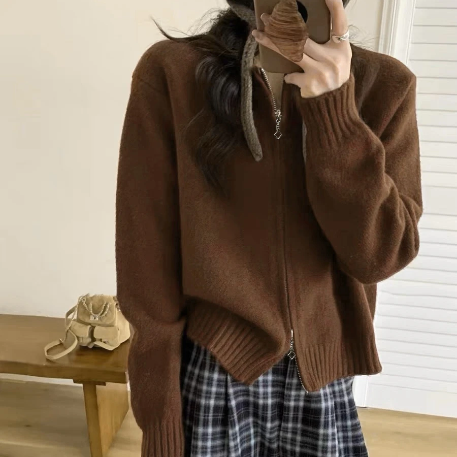 清-汤圆吖棕色韩版气质双拉链针织开衫303153
