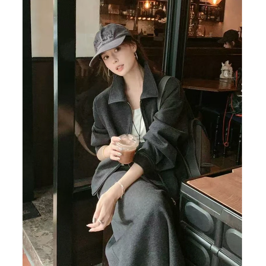 美洋MEIYANG【现货】麦麦套装 休闲翻领卫衣外套/直筒半裙两件套