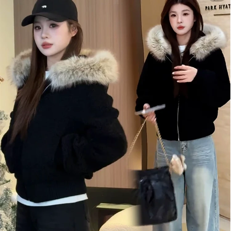 加厚羊羔毛短外套女2025冬季新款洋气百搭宽松带毛领保暖上衣潮