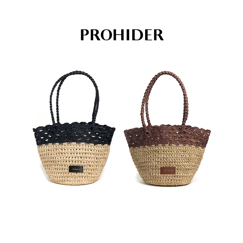 法式复古进口拉菲草纯手工钩针贝壳花边草编包