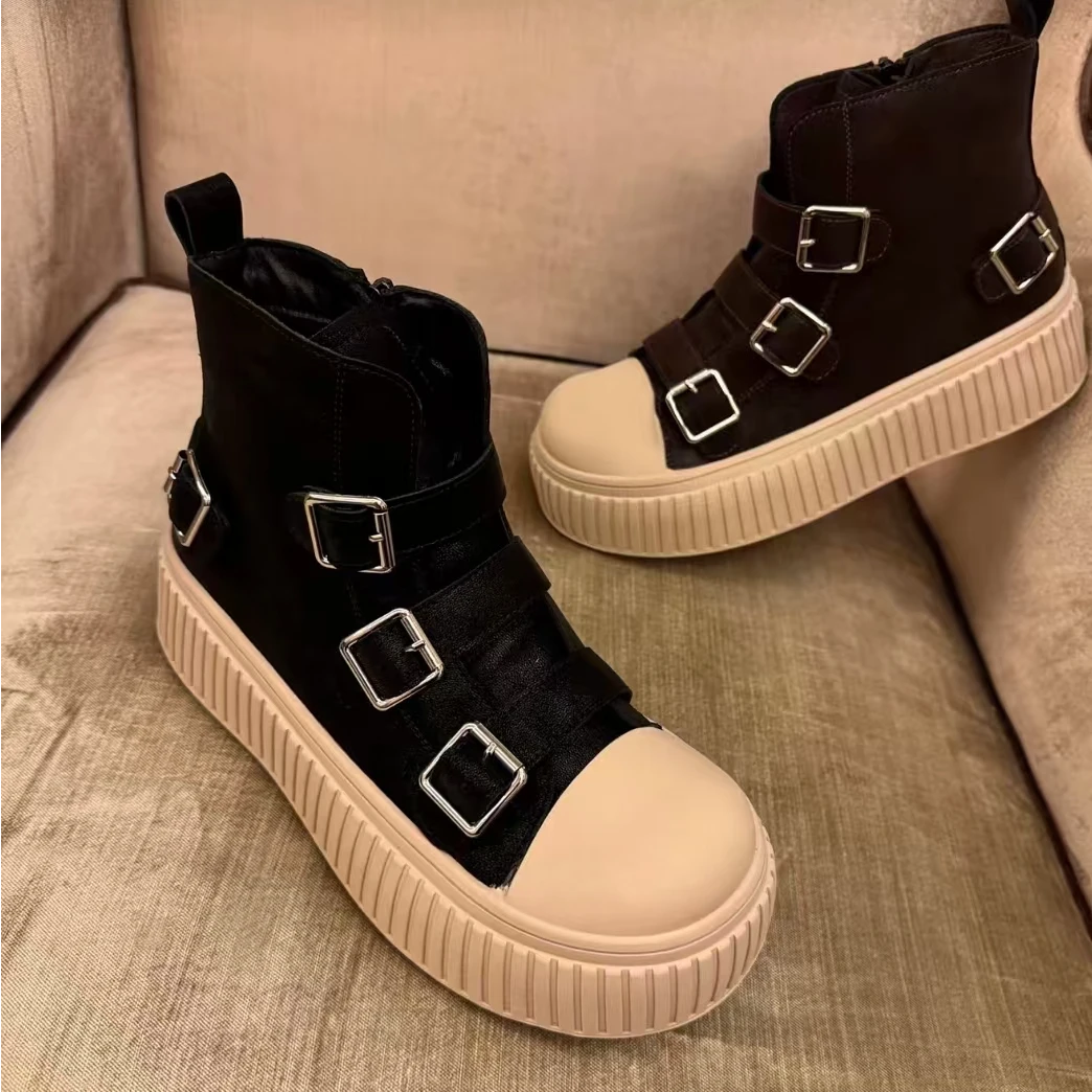 2298法娜微高端定制女鞋松糕底休闲风圆头短靴休闲秋冬高帮靴厚底