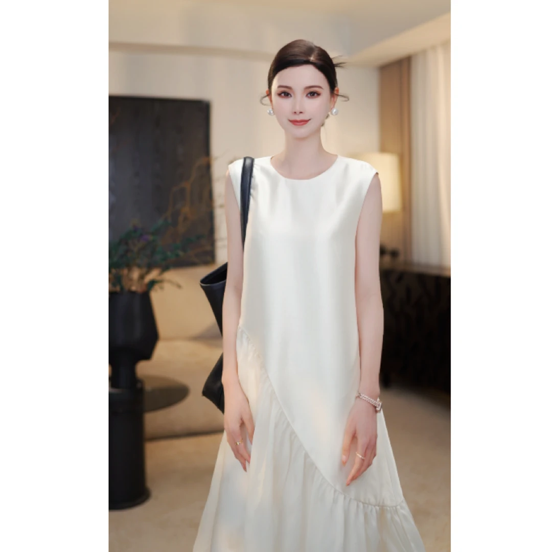 红人街头欧若风穿搭气质温柔风小众宽松无袖拼接背心长裙yn331