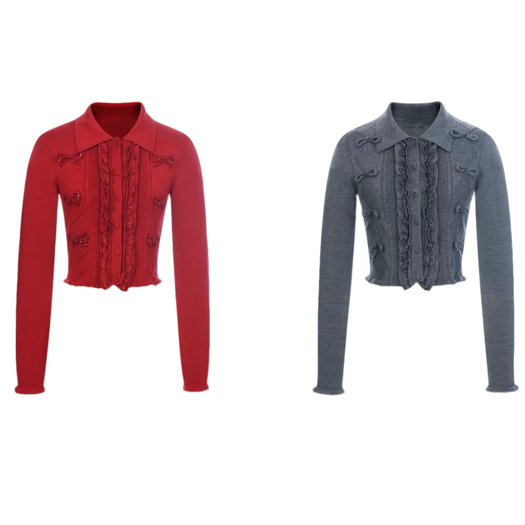 【D380】2026春季新款时尚蝴蝶结珠饰长袖针织开衫短款小上衣