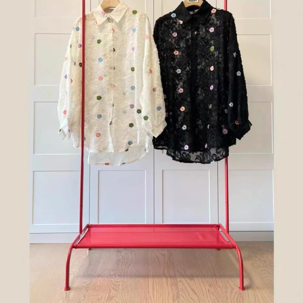 大码胖MM高级感超好看花朵衬衫外套女秋季中长款宽松显瘦蕾丝上衣