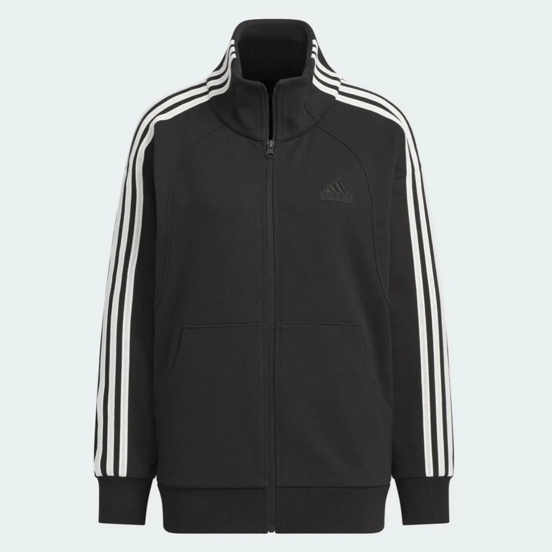 adidas阿迪达斯黑色情侣款新款百搭三条纹运动休闲宽松外套JN0759