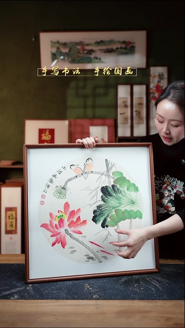 国画CL荷花-双只鸟52×52㎝手绘实木