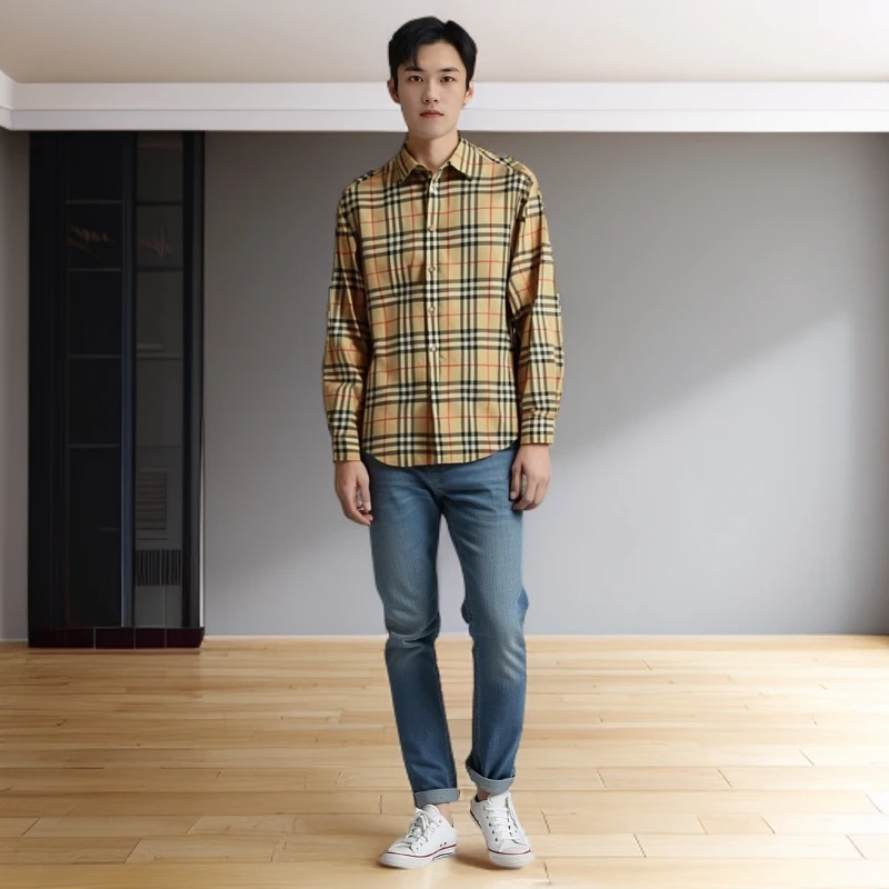 全新未使用 BURBERRY/博柏利 11747448 格纹翻领衬衫 卡其色 XL码