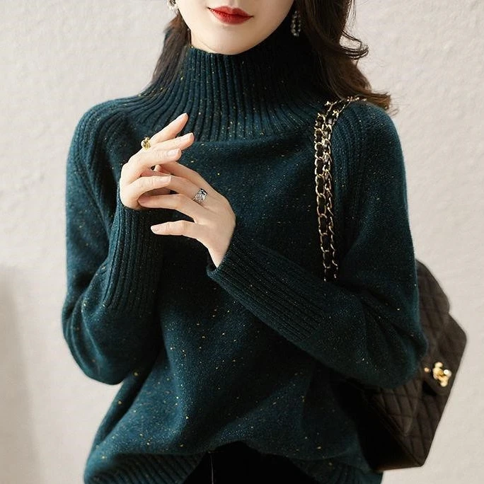 职业阿玛诗官女装2025春秋新款时尚高领亮丝宽松针织衫