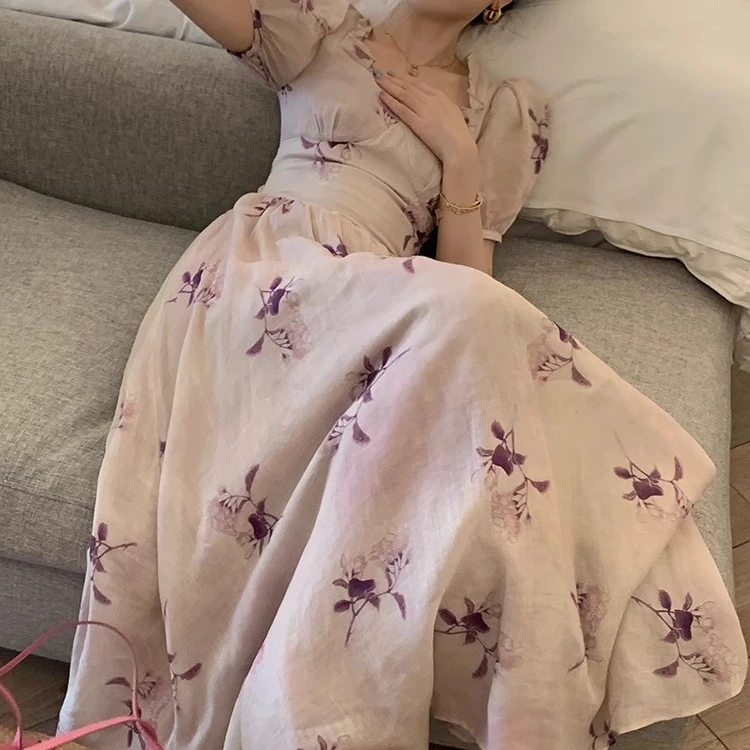 仲夏影 苎麻系列法式油画浪漫碎花连衣裙度假显瘦收腰长裙