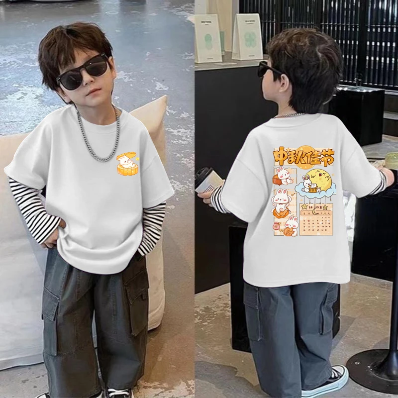 2025中秋新款女童拼色圆领假两件长袖纯棉卡通兔子印花洋气打底衫