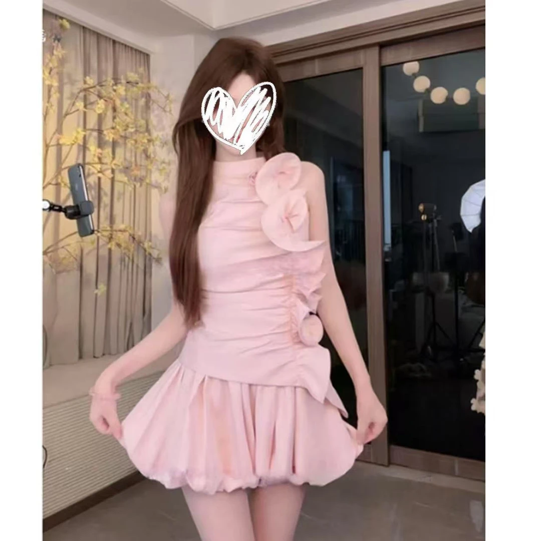 【白玫瑰】夏季小众白色花朵纯欲挂脖上衣花苞裤两件套