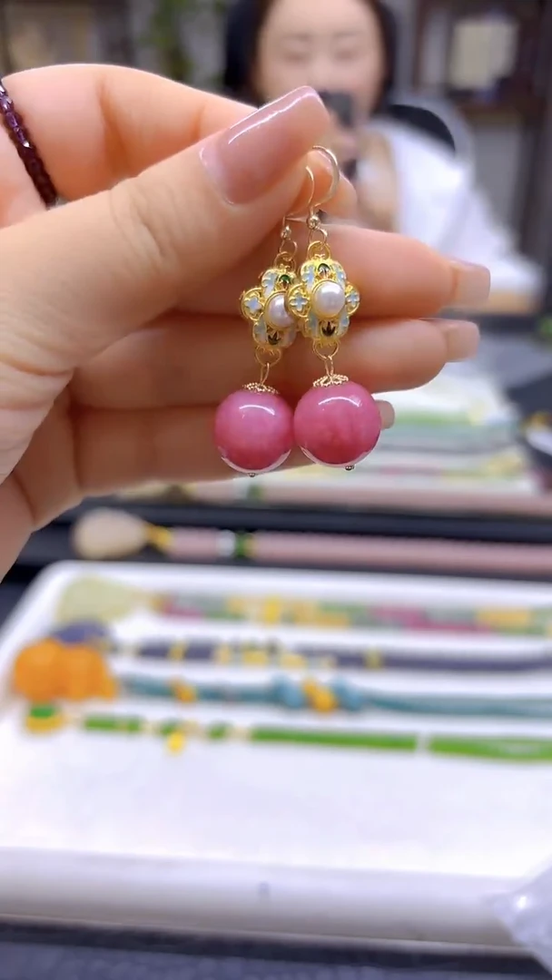 菱锰矿（红纹石）14K金镶嵌耳饰DIY款E798