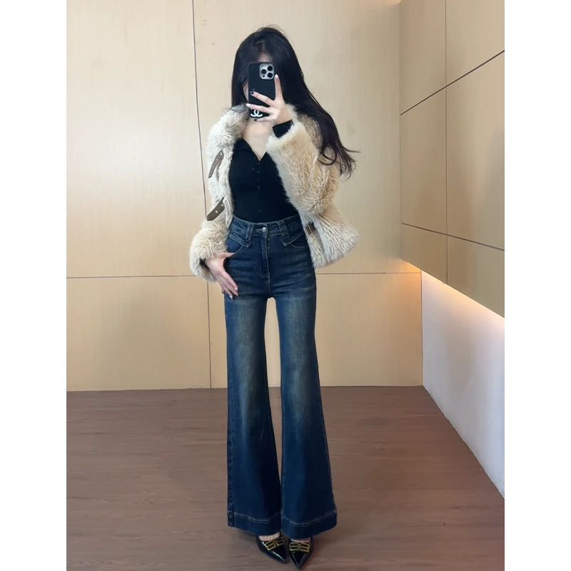 深蓝高腰微喇牛仔裤女2025早秋新款显瘦显高弹力垂感小个子喇叭裤