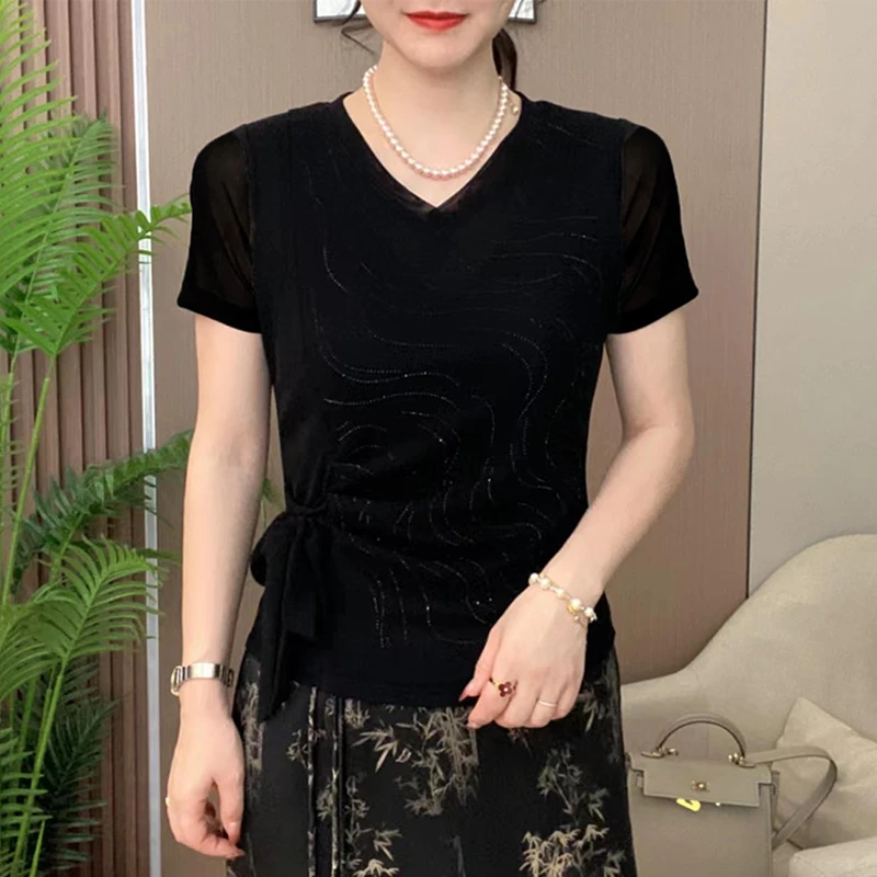 200斤大码可穿时尚绑带V领烫钻上衣洋气减龄百搭显瘦短袖T恤小衫