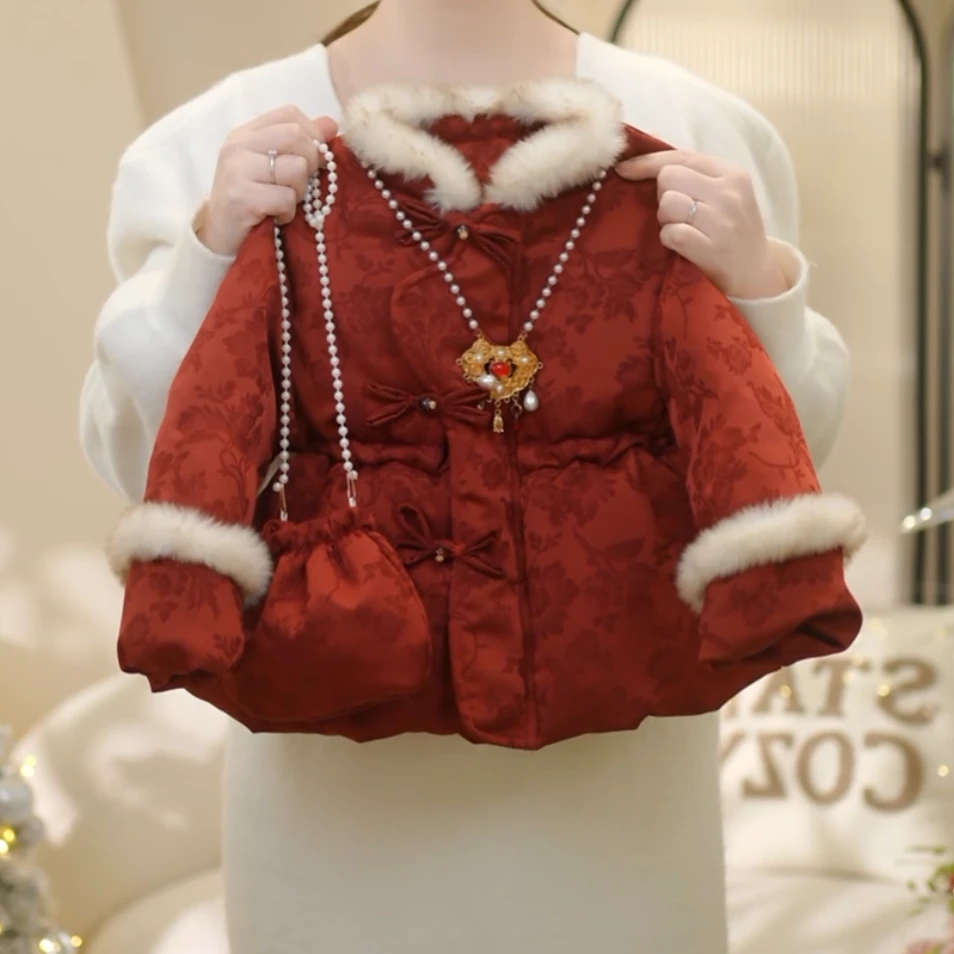 女童2025春季新款洋气加绒加厚新中式收腰棉服C22249