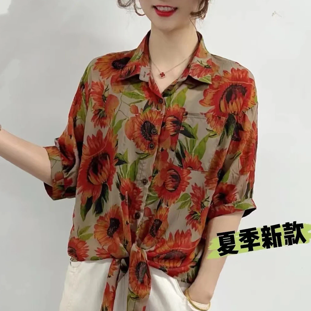 春夏季宽松洋气印花潮流轻薄绑带防晒衣时尚中年女士高档衬衫外穿