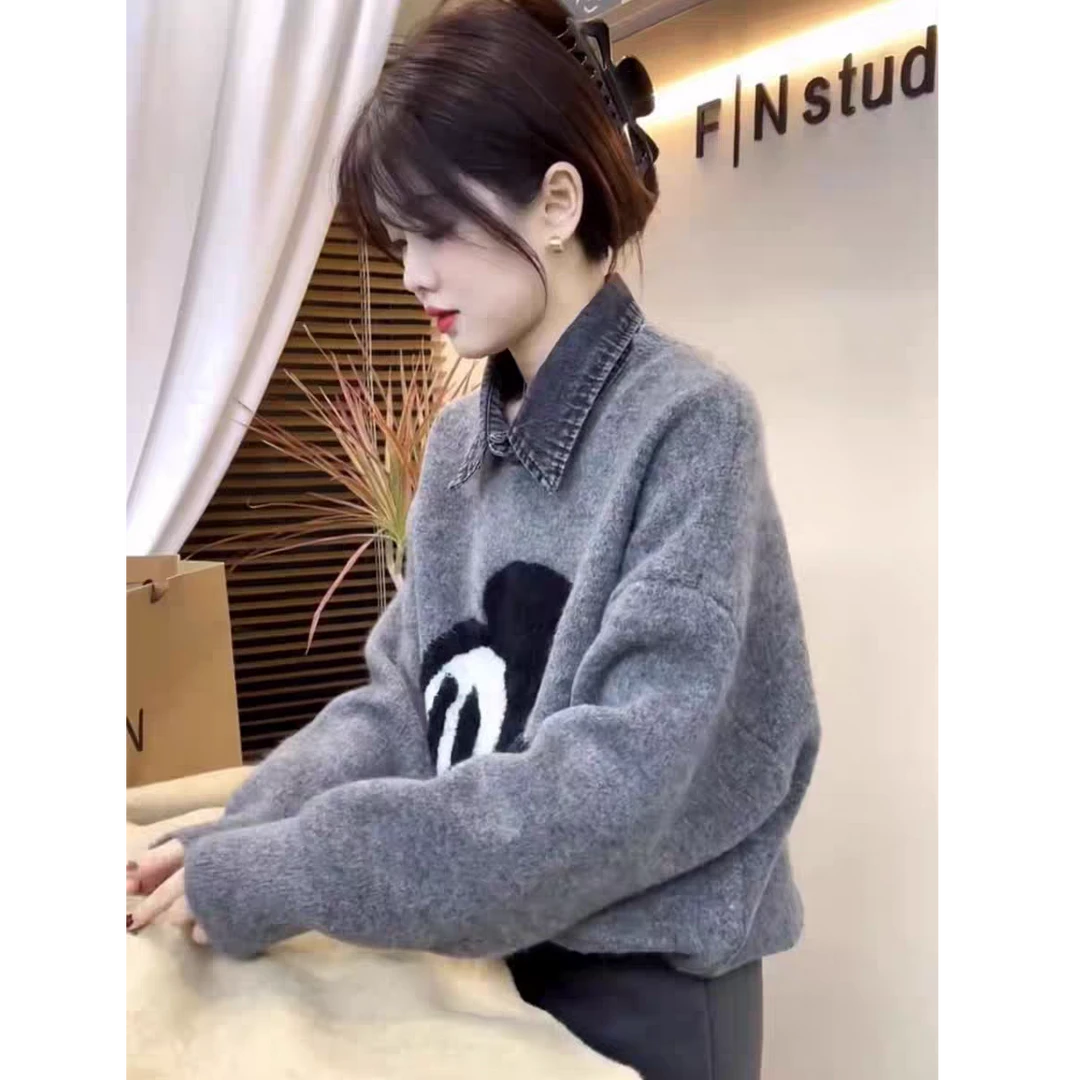 拼接牛仔翻领卡通加厚针织毛衣女2025冬季新款设计感宽松