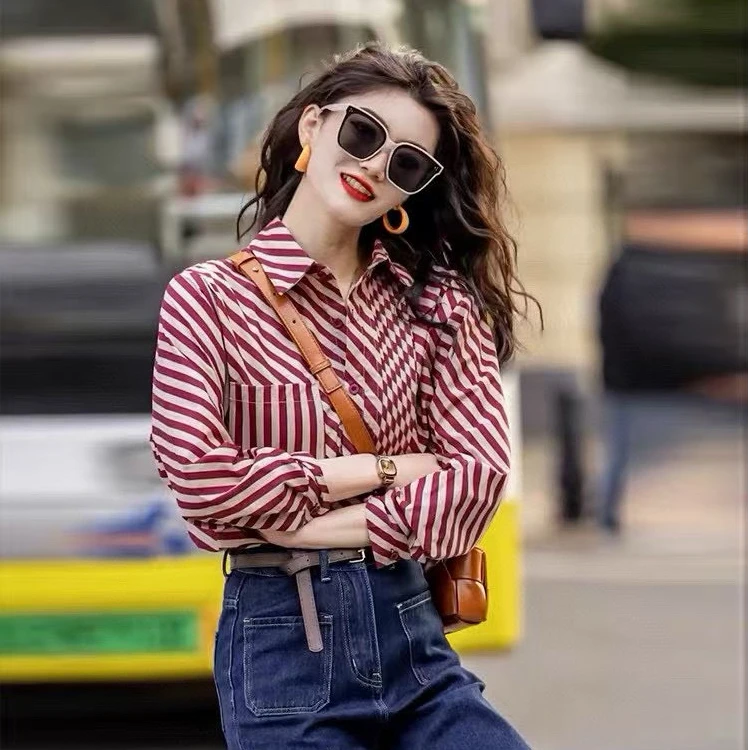 深圳南油2025春季新款女装高端真丝港风复古经典条纹长袖休闲衬衫