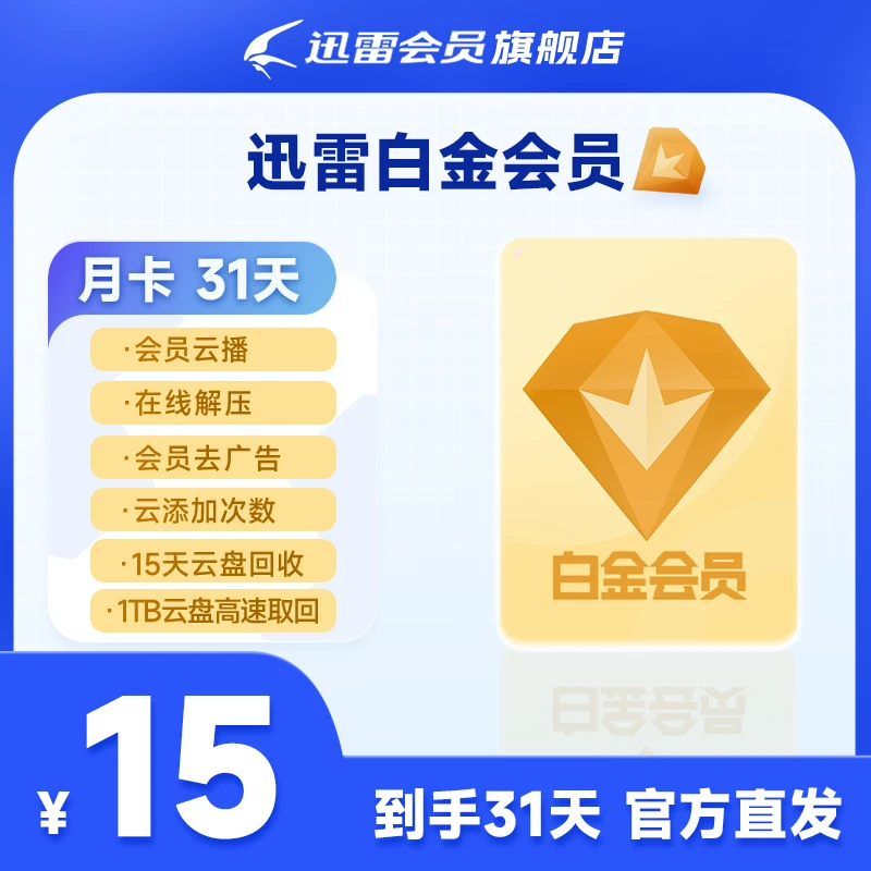 迅雷白金会员1个月卡，3T云盘空间支持高清云播，不支持退款