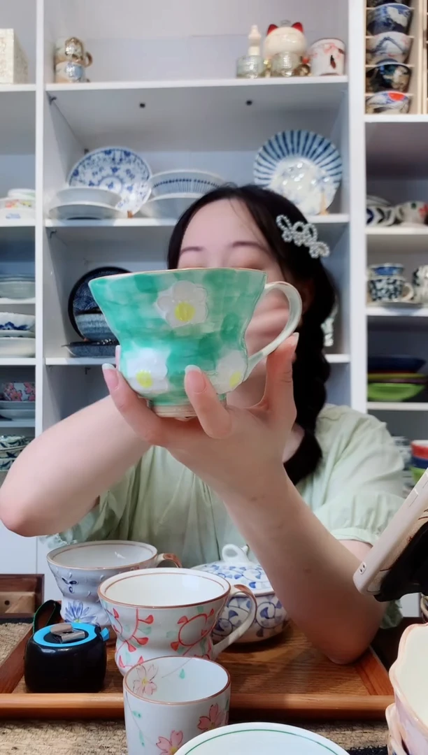 陶瓷美浓烧绿花葫芦马克杯
