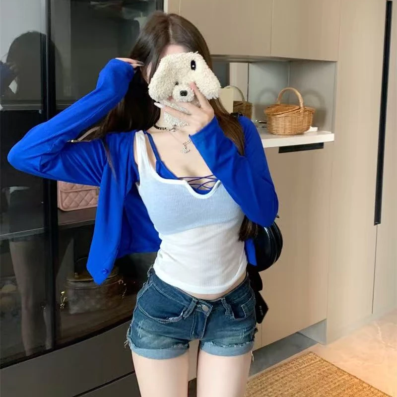 撩系cp修身显瘦针织开衫套装女纯欲辣妹抹胸背心三件套 3525