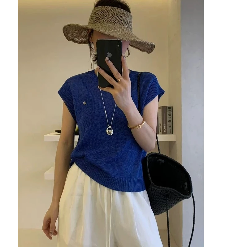 有运费补贴~宝石蓝圆领时尚休闲复古显瘦天丝亚麻上衣