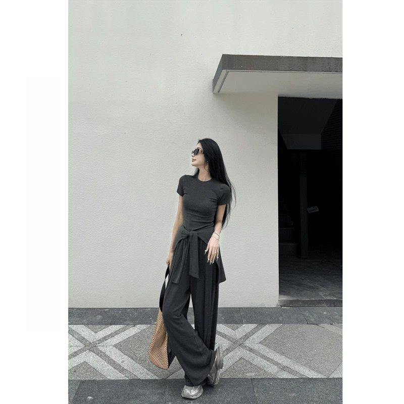 清冷系禅意衣服女慵懒风圆领T恤阔腿裤披肩三件套针织休闲套装