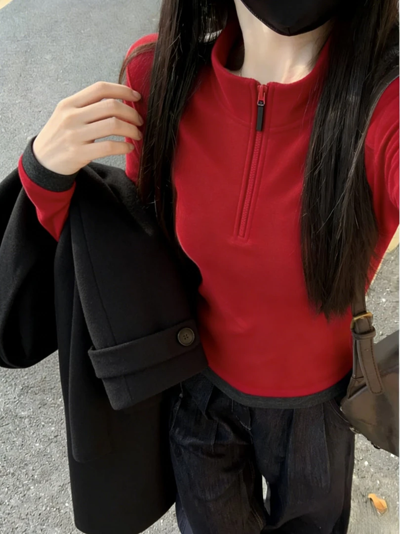 半拉链撞色德绒长袖内搭卫衣女秋冬新款设计感修身显瘦打底衫上衣