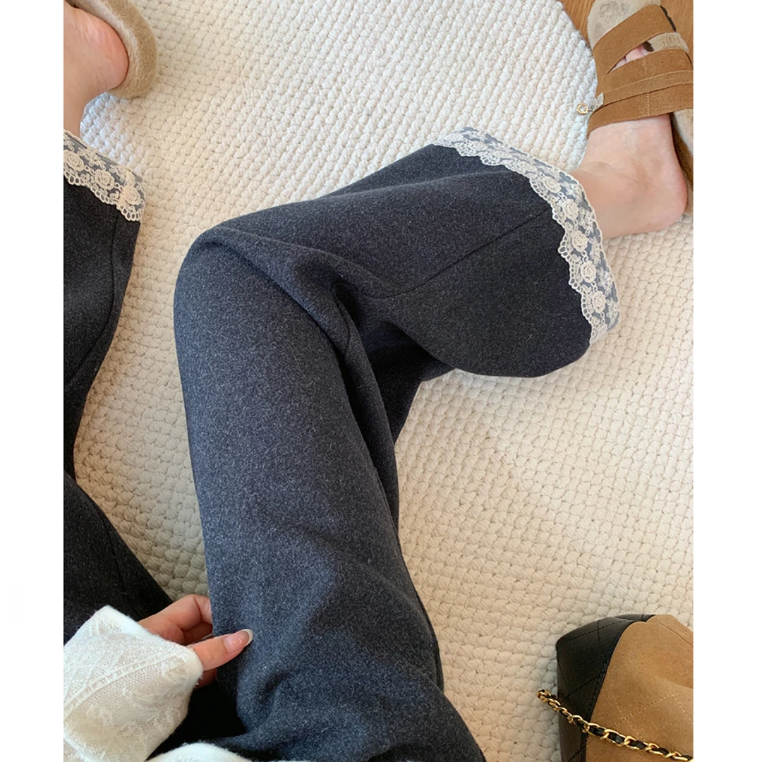 蕾丝花边加厚阔腿毛呢裤女2025冬新款梨形身材遮胯显瘦直筒九分裤