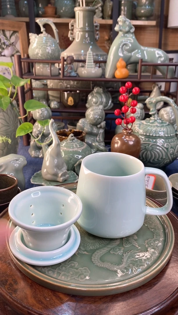 耀州窑 微瑕 天青牡丹素面茶漏杯【b000119】1只