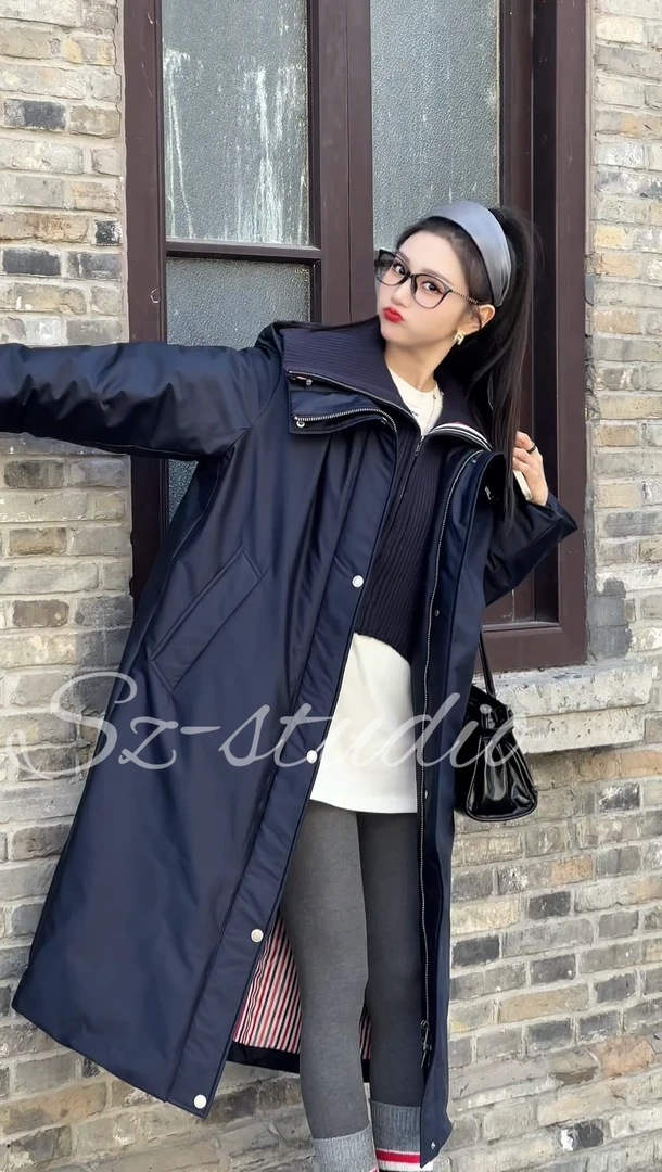 【布朗尼】新款羽绒服双袖织带长款加厚保暖白鸭绒情侣款休闲外套