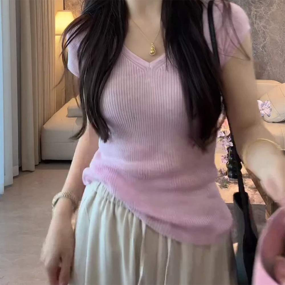 2025简约优雅”新款短袖精致气质针织短袖t百搭夏季修身圆领韩版