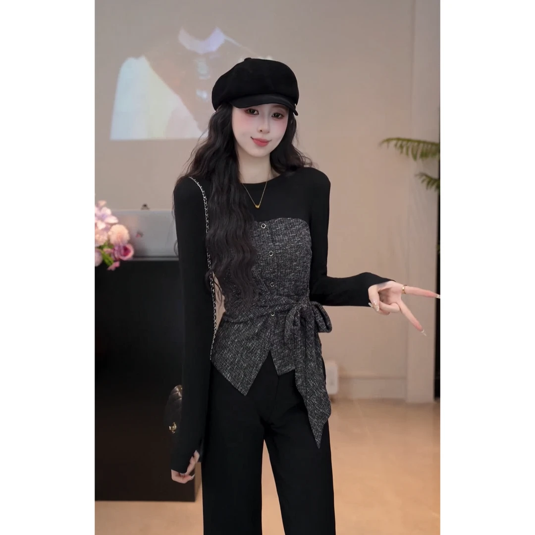 YUANLIANSU/圆脸酥【莫言相顾】千金风拼接收腰重工圆领上衣女秋季