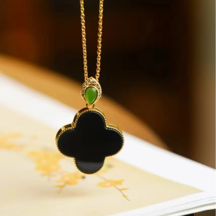 S925银墨玉四叶草项链轻奢气质百搭